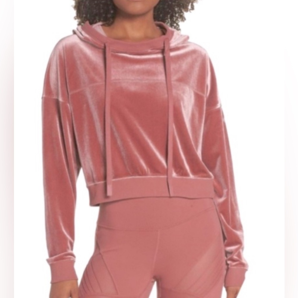 ALO Yoga Cropped Velour Hoodie Rose Super Soft Long Sleeve